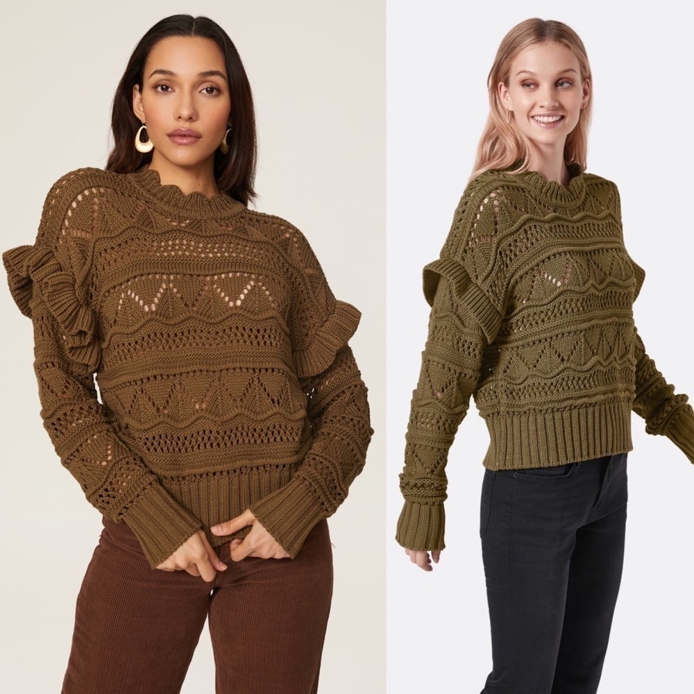 JOIE Pointelle Chunky Knit Scalloped Neck Ruffled Ribbed Trim Cottage Sweater S